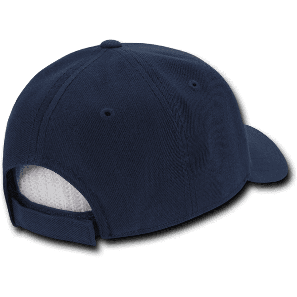 A navy blue structured cap featuring a low profile and mesh back for ventilation. It includes an adjustable strap and a logo.