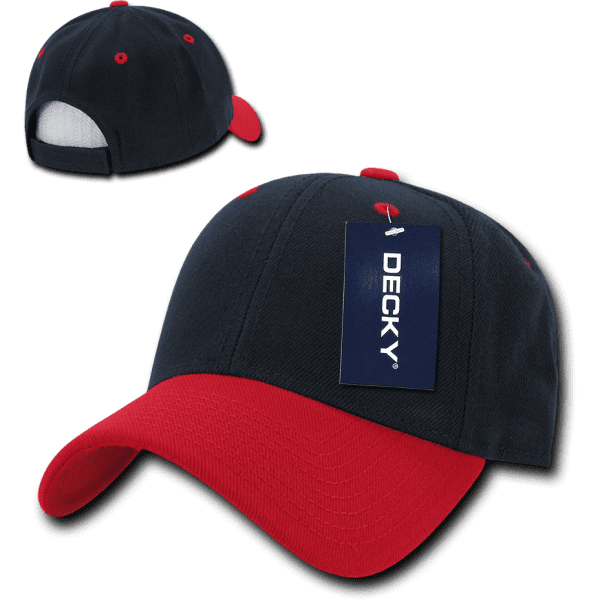 A low-profile structured cap in navy blue and red with a logo and a tag attached.