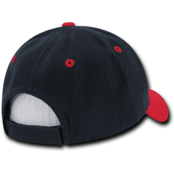 A navy blue and red 6 Panel Low Profile Structured Cap featuring a curved brim and a fabric strap at the back.