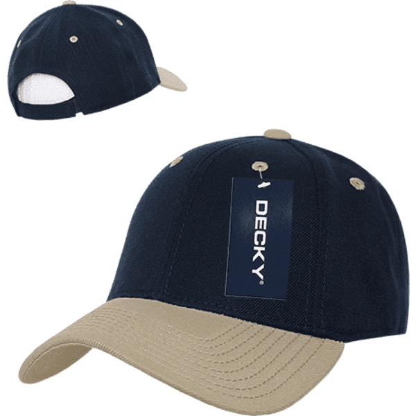 A navy and beige 6 panel low profile structured cap featuring a logo and a curved brim.