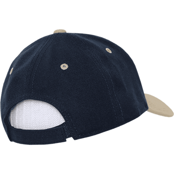 A navy and beige 6 panel low profile structured cap with a curved brim and adjustable back. It features a logo.