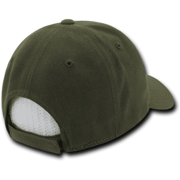 A low-profile structured cap in olive green featuring a mesh back and an adjustable strap.