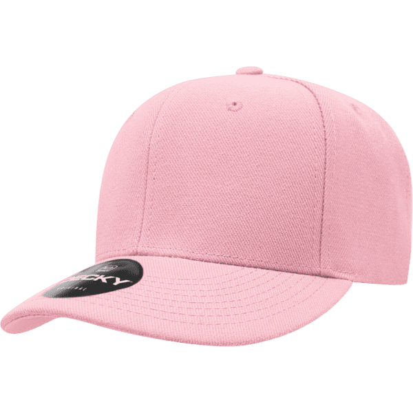 A pink 6 panel low profile cap with a curved brim and a logo on the side.