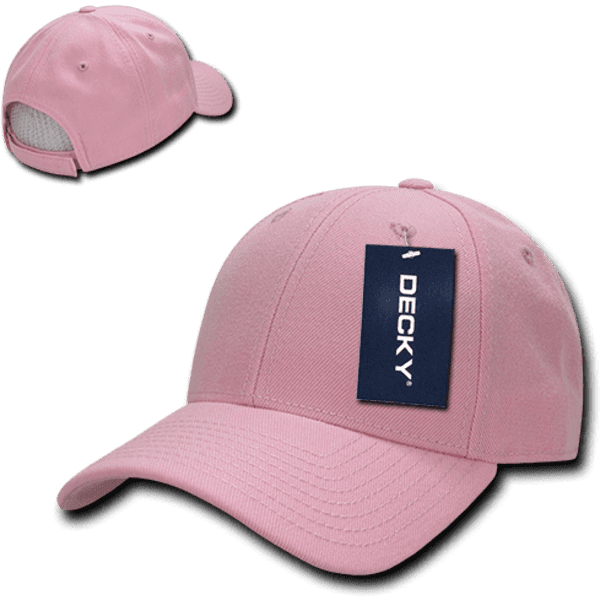 A pink 6 Panel Low Profile Structured Cap with a branding label on the side and a mesh panel at the back.