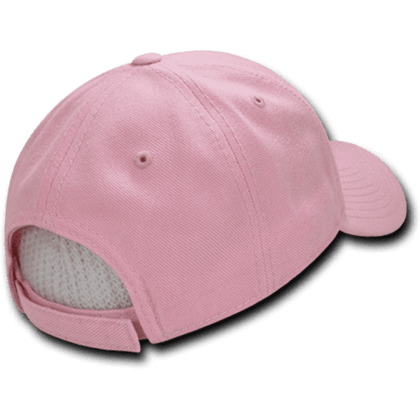 A pink 6-panel low profile structured cap with a mesh back and an adjustable strap.