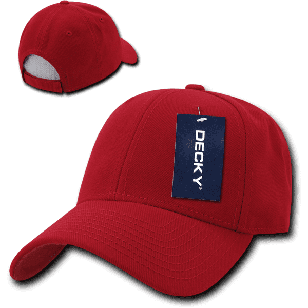 A red six-panel low profile structured cap with a tag and a rear mesh panel. It features a logo on the front.