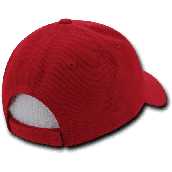 A red six-panel low-profile structured cap featuring a mesh back and adjustable strap. It has a logo on the side.