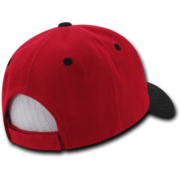 A red and black low profile structured cap featuring a rear adjustment strap and a logo.