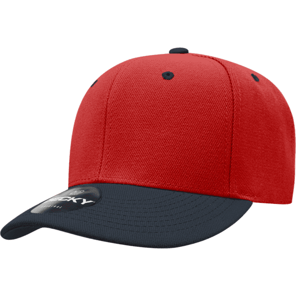A red and navy cap with a low-profile design and a branded logo on the side.