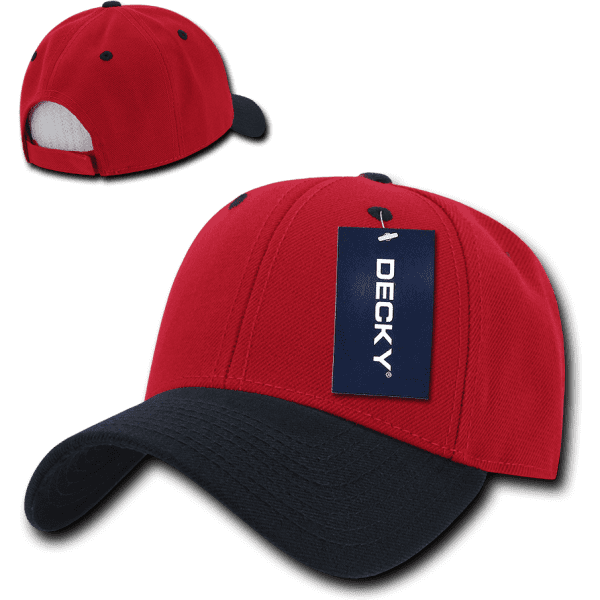 A red and navy blue 6 panel low profile structured cap with a tag and a rear mesh panel.