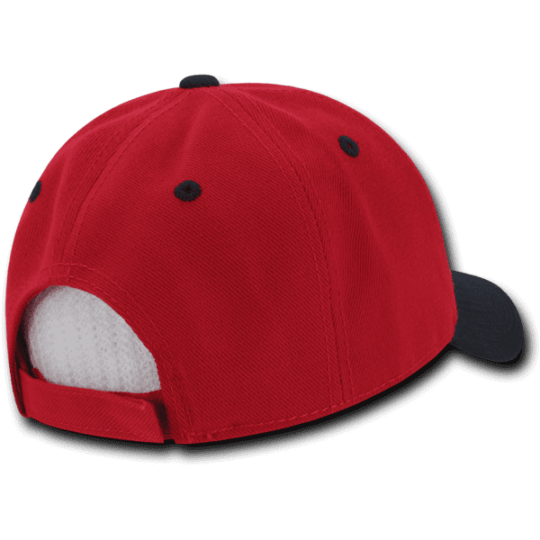 A red and navy 6-panel low profile structured cap with an adjustable strap at the back and a logo.