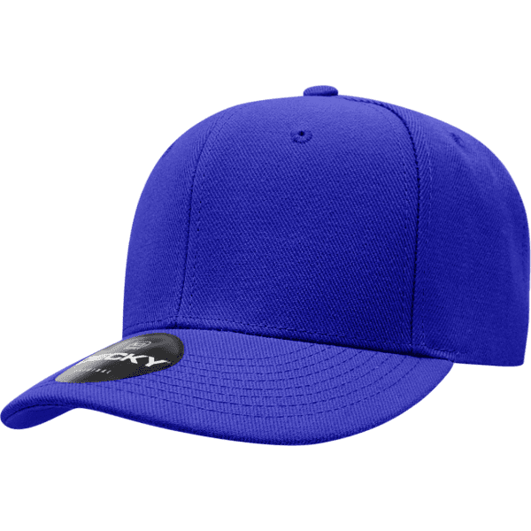 A blue six-panel low profile cap with an adjustable strap and a logo on the side.