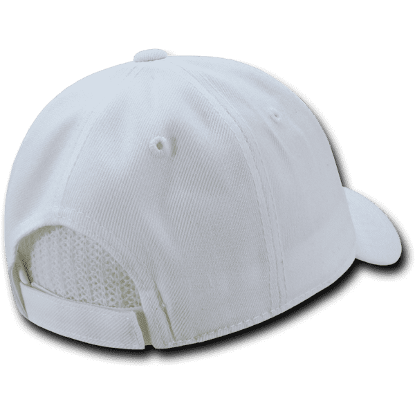 A white 6 panel low profile structured cap featuring a mesh back and an adjustable strap.