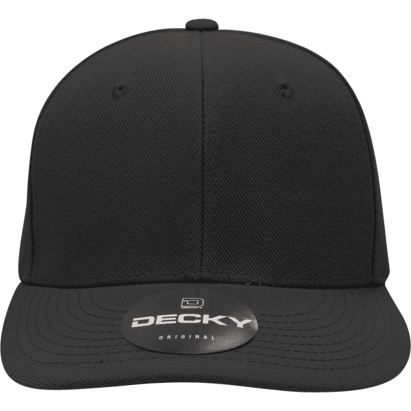 A black 6 panel mid-profile structured cap with a flat brim and a logo on the front.