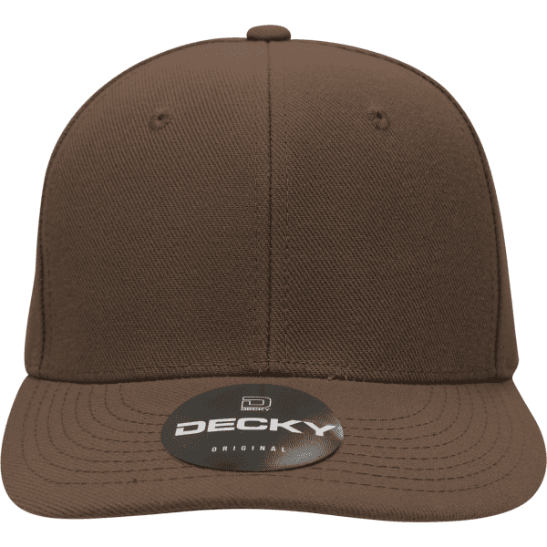 A brown 6 panel mid profile structured cap with a round peak and a logo tag.