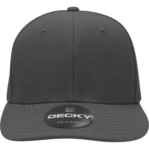 A grey 6-panel mid-profile structured cap with a flat brim, featuring a logo on the front.