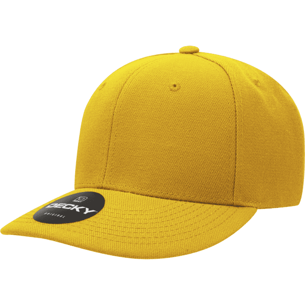 A yellow 6-panel mid-profile cap featuring a black logo label on the front.