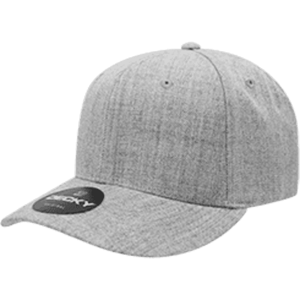 A grey six-panel mid-profile structured cap with a curved brim and a logo.