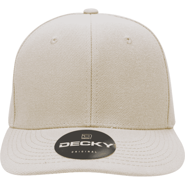 A beige 6 panel mid-profile structured cap with a flat brim and a logo on the front.