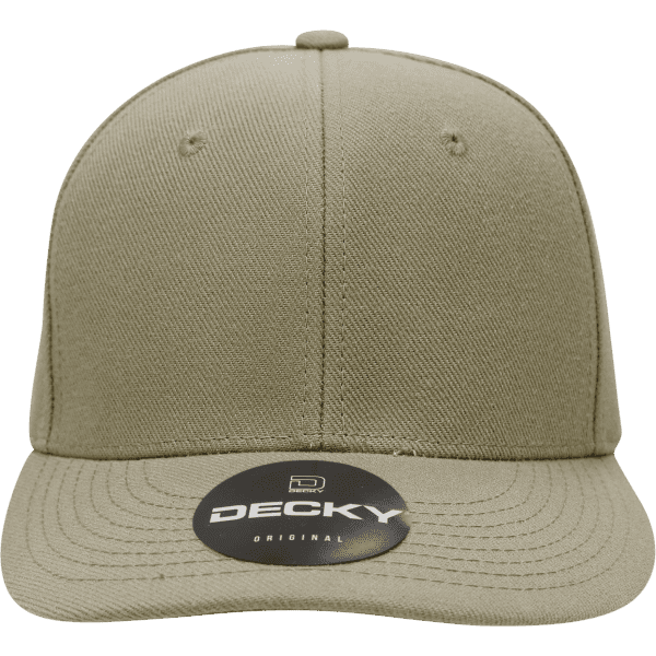 A khaki 6 panel mid profile structured cap with a flat brim and a logo on the front.