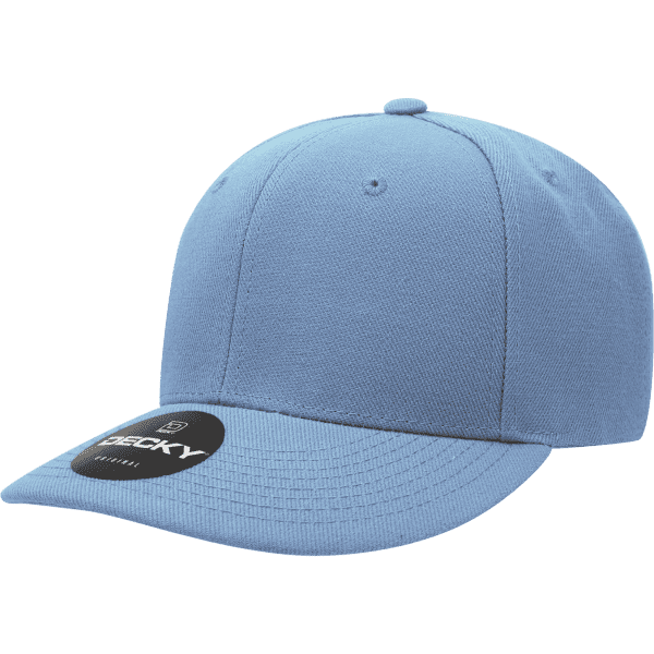 A blue six-panel cap featuring a rounded crown and a branded logo on the front.
