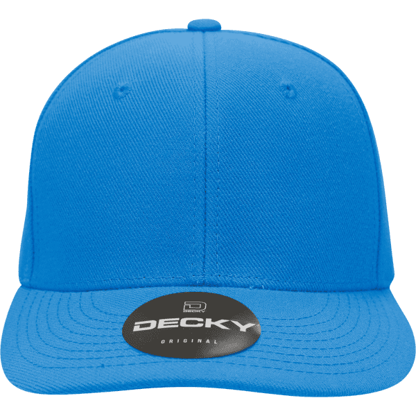 A structured cap in bright blue with a black circular branding on the front.