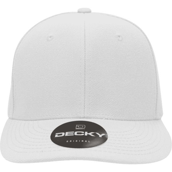 A white 6-panel mid-profile structured cap featuring a circular tag with a logo.