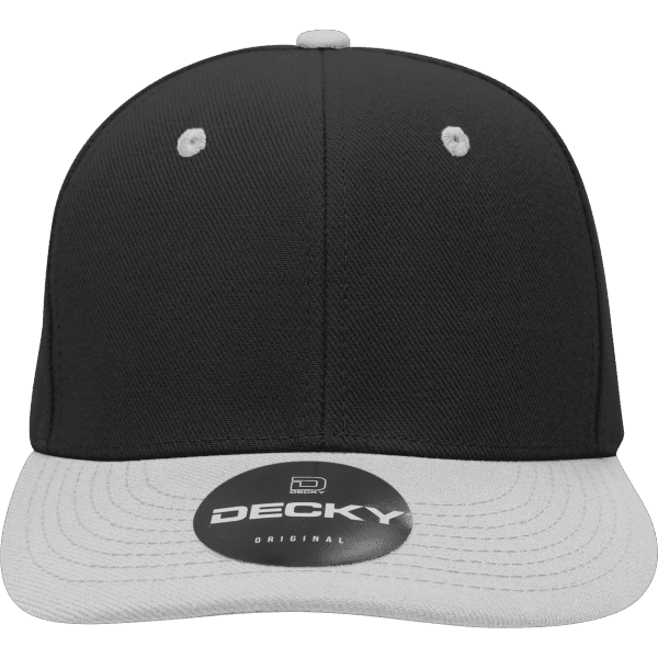 A structured six-panel cap in black with a grey peak, featuring a logo on the front.