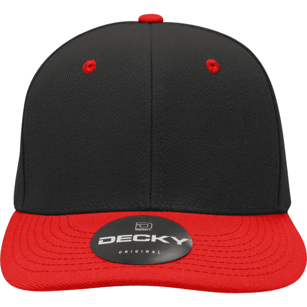 A black and red 6-panel mid-profile structured cap with a logo on the front.