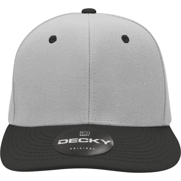 A structured six-panel cap featuring a grey crown and a black peak, with a logo on the front.