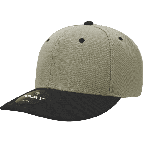 A 6-panel mid-profile cap in khaki and black, featuring a branded logo on the front.