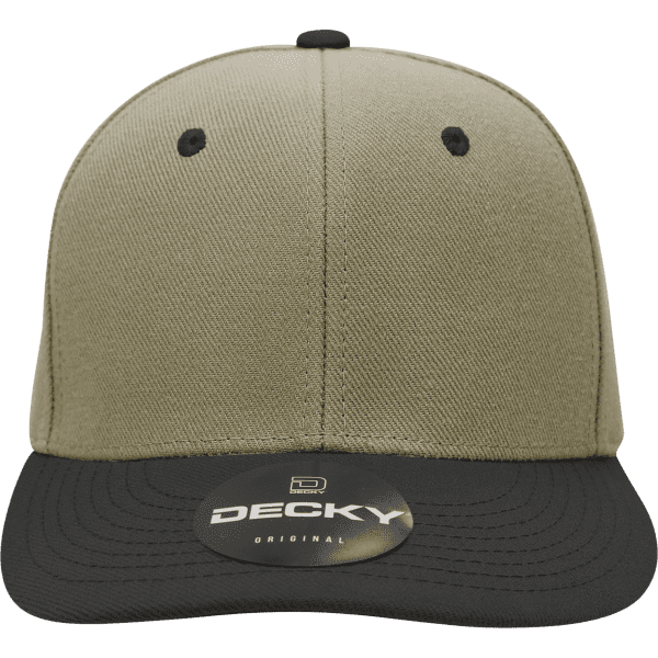 A structured cap in khaki with a black brim, featuring a logo on the front and a tag attached.