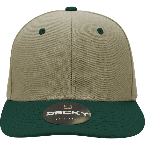 A structured cap with a beige crown and green brim, featuring a logo on the front.