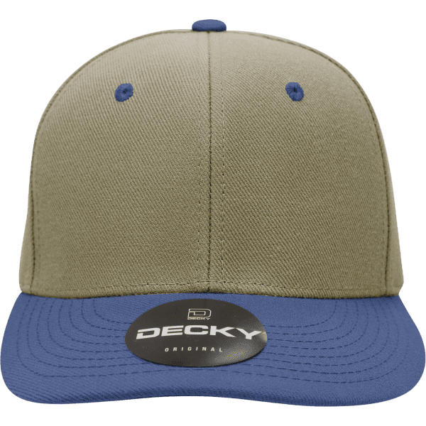 A structured 6-panel cap in khaki and blue with a logo sticker on the brim.