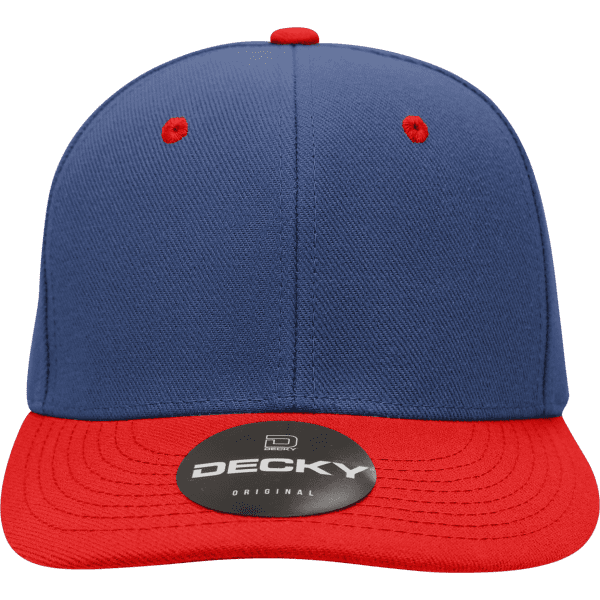 A structured cap featuring a blue body and a red brim, with a logo on the front.