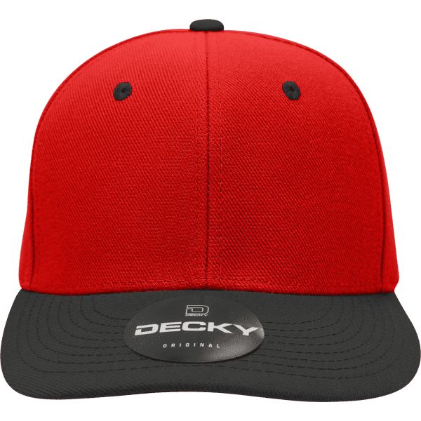 A red cap with a black peak and an attached logo on the front.