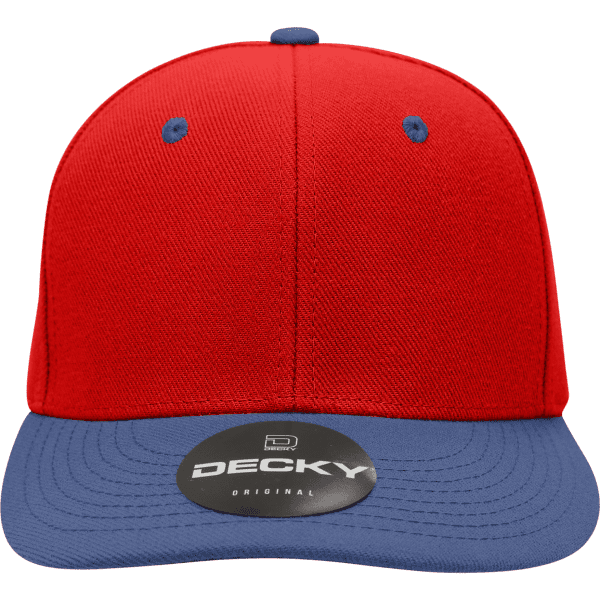 A red structured cap with a blue peak and a logo on the underside of the brim.