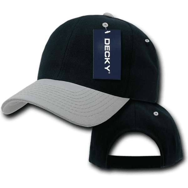 A structured six-panel cap in black and light grey, featuring a branded tag and ventilation holes.