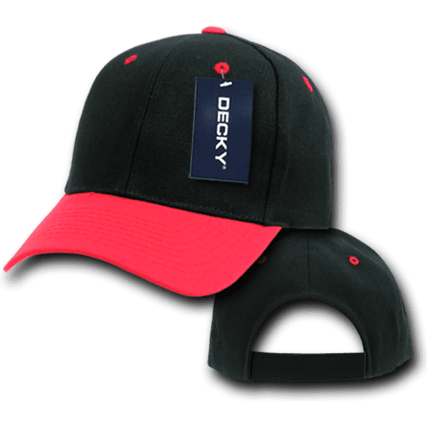 A black and red structured cap with six panels and a branded tag. Features a mid-profile design and adjustable back.