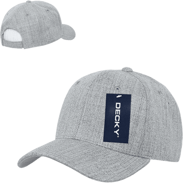 A grey six-panel mid-profile structured cap with a branded tag and a mesh back panel.