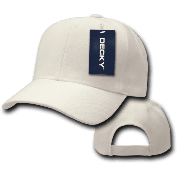 A white 6 panel mid-profile structured cap with a tag and a curved brim, featuring a branding label.