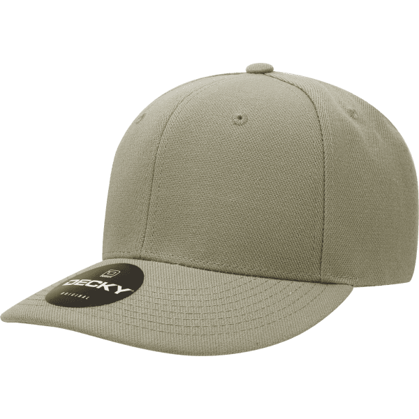 A khaki 6-panel mid-profile cap with a curved brim and a branded tag.