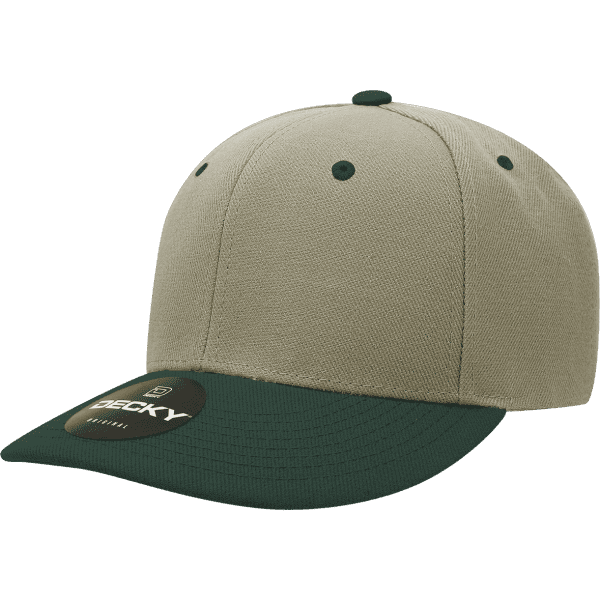 A khaki and dark green six-panel cap featuring a black logo badge on the front.