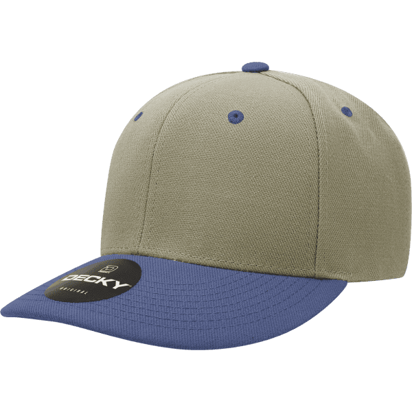 A khaki and blue 6-panel mid-profile cap with a rounded crown and a logo on the front.