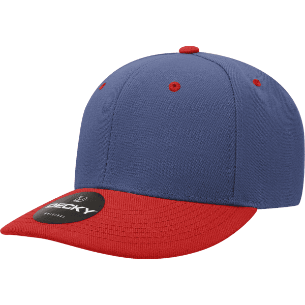 A two-tone cap featuring a blue crown and a red peak, with a branded tag on the front.