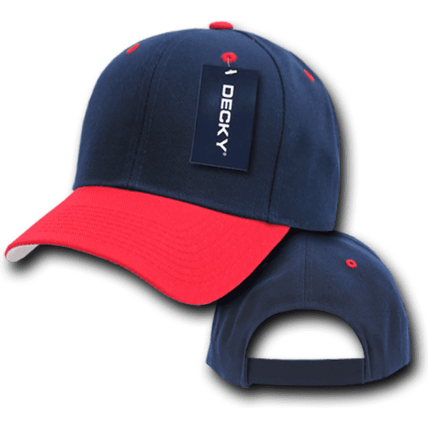 A navy and red 6 panel mid-profile structured cap with a tag and adjustable back.