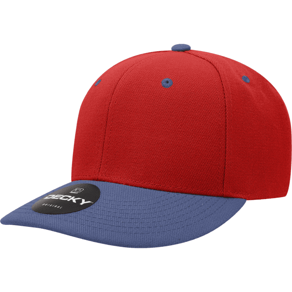 A red cap with a blue brim, featuring a logo on the front. It has a six-panel design.