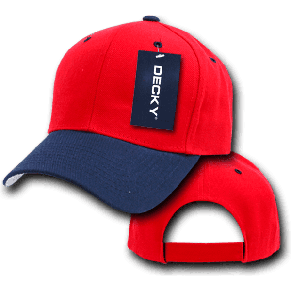 A red and navy blue 6 panel mid profile structured cap featuring a tag and an adjustable strap at the back.