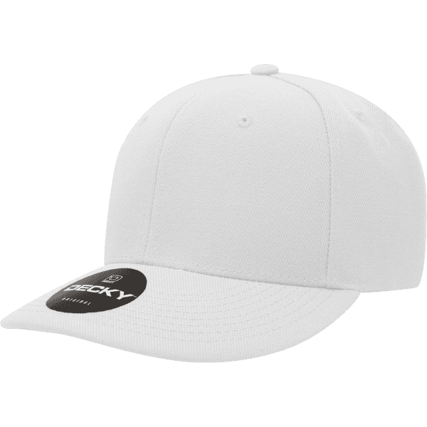 A white six-panel mid-profile cap with a rounded brim and a logo on the front.