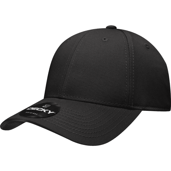 A black 6 panel low profile structured cap with a pre-curved brim and a logo on the side.